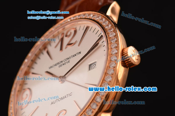 Vacheron Constantin Patrimony Swiss ETA 2824 Automatic Rose Gold Case Diamond Bezel with Brown Leather Strap White Dial Numeral/Stick Markers - Click Image to Close